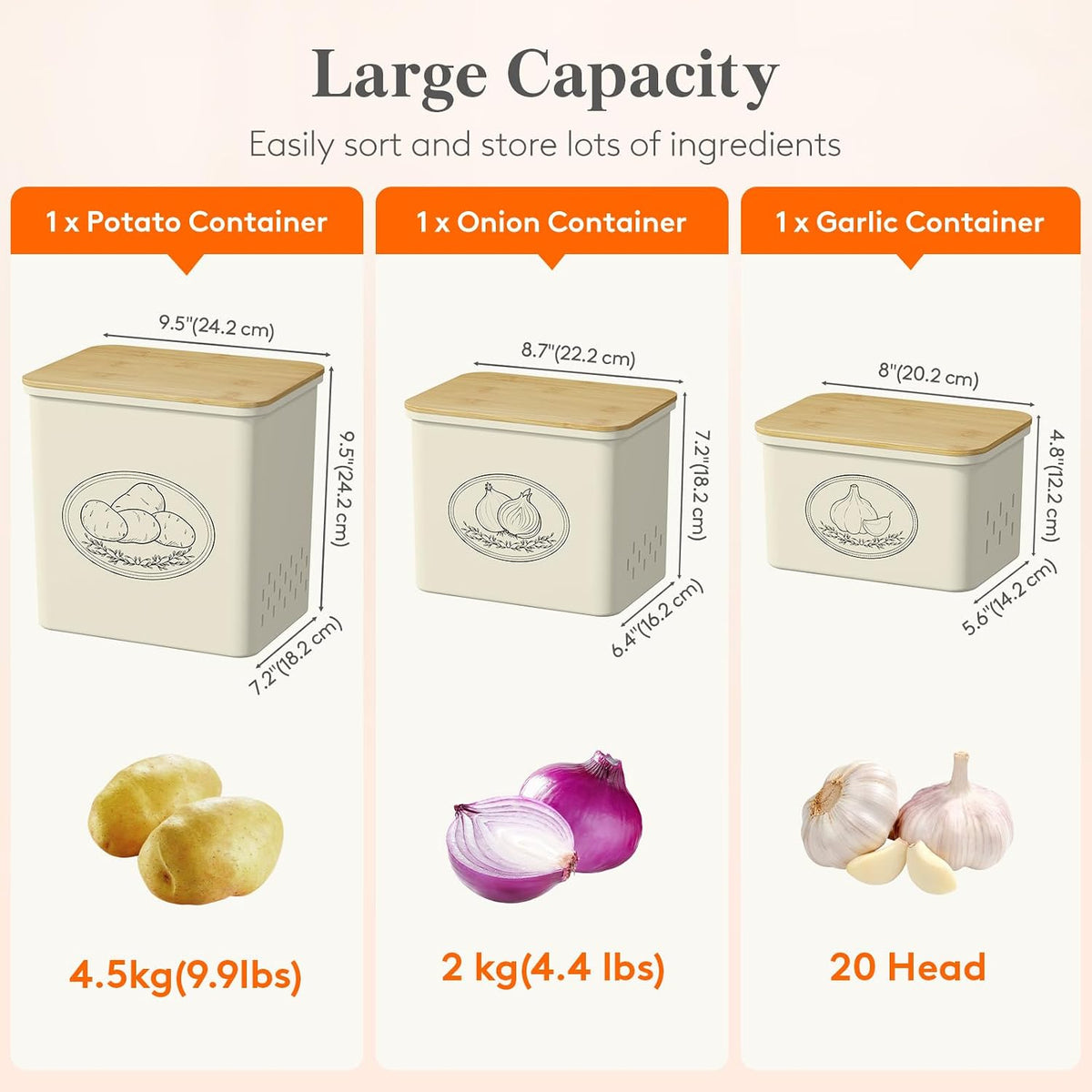 Plastic Potato and Onion Storage Bin, Stackable Garlic Keeper with Aerating Holes and Lid, Vegetable Container Box for Pantry Countertop, White, 24 x 18 x 24 cm/9.5 x 7 x 9.5 inch, Set of 3