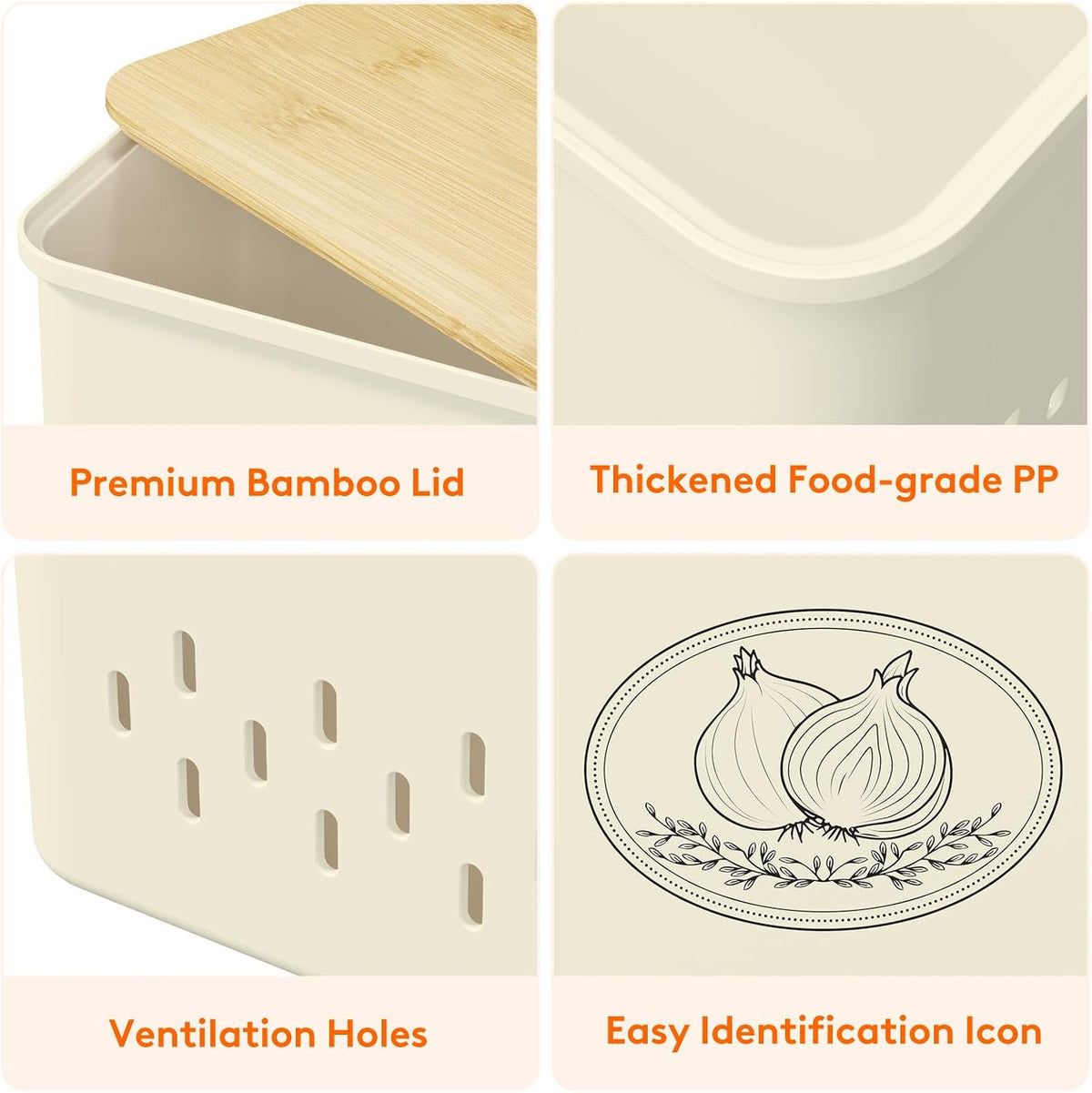Plastic Potato and Onion Storage Bin, Stackable Garlic Keeper with Aerating Holes and Lid, Vegetable Container Box for Pantry Countertop, White, 24 x 18 x 24 cm/9.5 x 7 x 9.5 inch, Set of 3