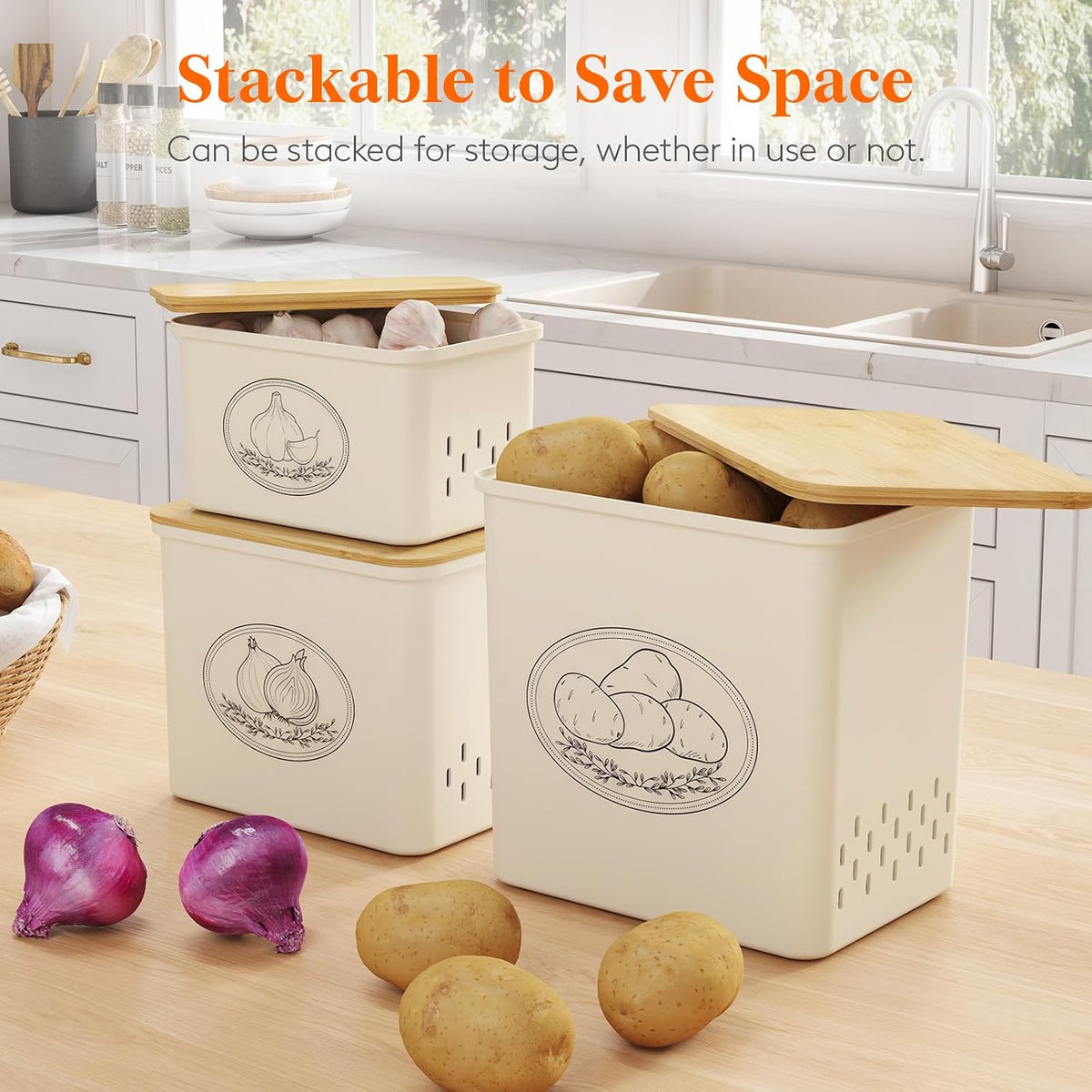 Plastic Potato and Onion Storage Bin, Stackable Garlic Keeper with Aerating Holes and Lid, Vegetable Container Box for Pantry Countertop, White, 24 x 18 x 24 cm/9.5 x 7 x 9.5 inch, Set of 3