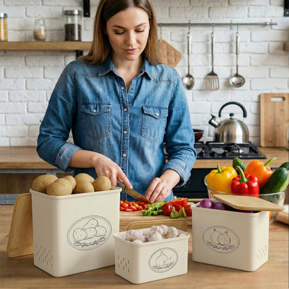 Plastic Potato and Onion Storage Bin, Stackable Garlic Keeper with Aerating Holes and Lid, Vegetable Container Box for Pantry Countertop, White, 24 x 18 x 24 cm/9.5 x 7 x 9.5 inch, Set of 3