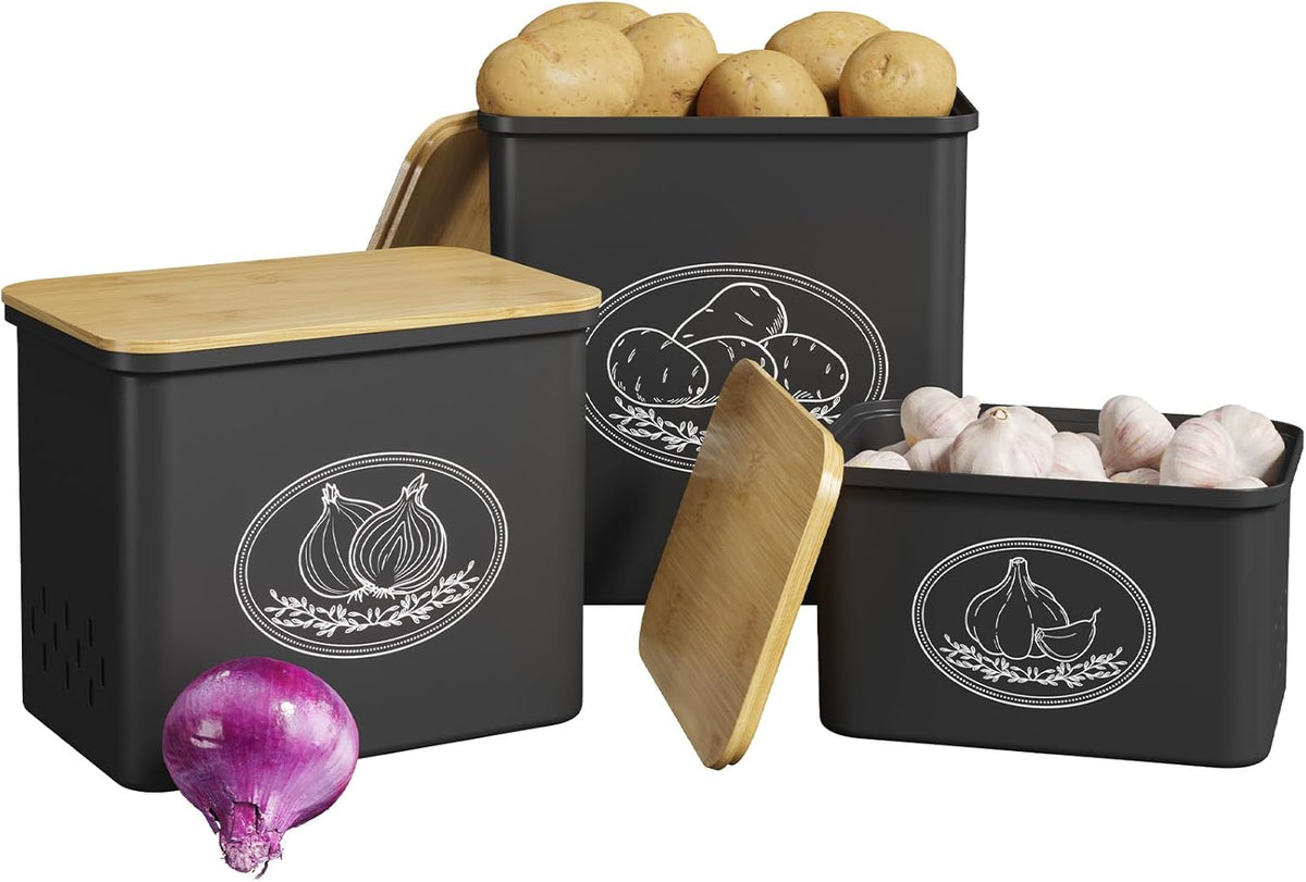 Plastic Potato and Onion Storage Bin, Stackable Garlic Keeper with Aerating Holes and Lid, Vegetable Container Box for Pantry Countertop, White, 24 x 18 x 24 cm/9.5 x 7 x 9.5 inch, Set of 3