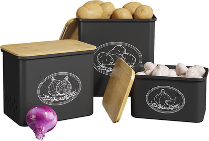 Plastic Potato and Onion Storage Bin, Stackable Garlic Keeper with Aerating Holes and Lid, Vegetable Container Box for Pantry Countertop, White, 24 x 18 x 24 cm/9.5 x 7 x 9.5 inch, Set of 3