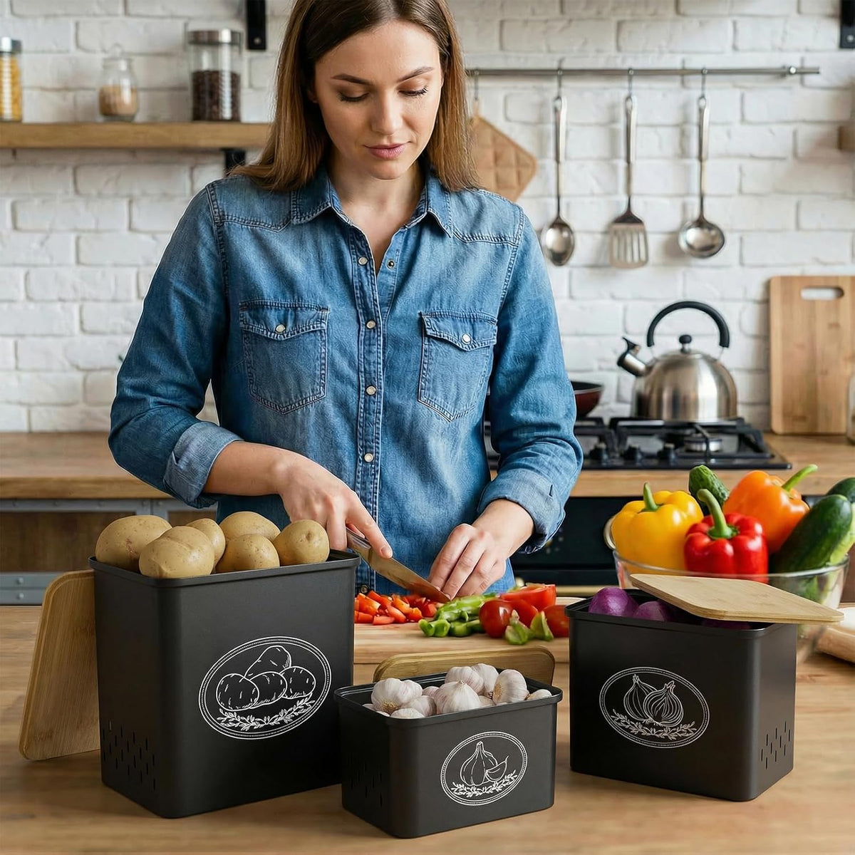 Plastic Potato and Onion Storage Bin, Stackable Garlic Keeper with Aerating Holes and Lid, Vegetable Container Box for Pantry Countertop, White, 24 x 18 x 24 cm/9.5 x 7 x 9.5 inch, Set of 3