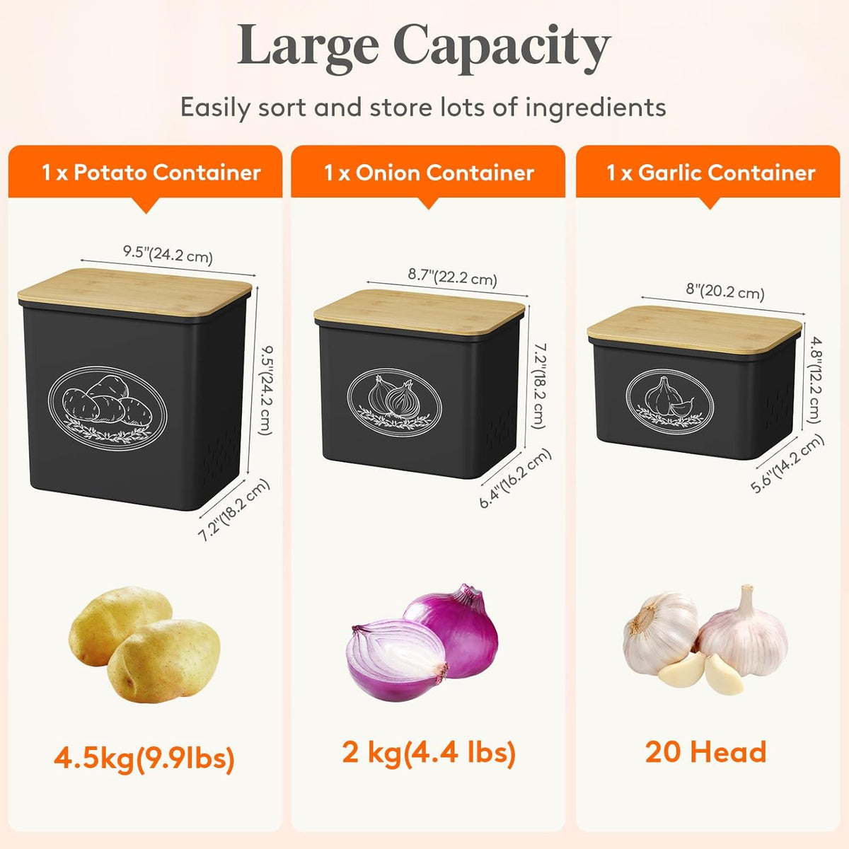 Plastic Potato and Onion Storage Bin, Stackable Garlic Keeper with Aerating Holes and Lid, Vegetable Container Box for Pantry Countertop, White, 24 x 18 x 24 cm/9.5 x 7 x 9.5 inch, Set of 3