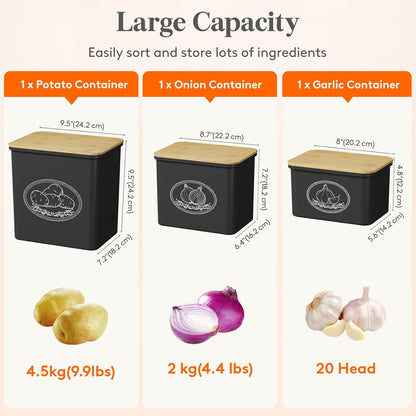 Plastic Potato and Onion Storage Bin, Stackable Garlic Keeper with Aerating Holes and Lid, Vegetable Container Box for Pantry Countertop, White, 24 x 18 x 24 cm/9.5 x 7 x 9.5 inch, Set of 3