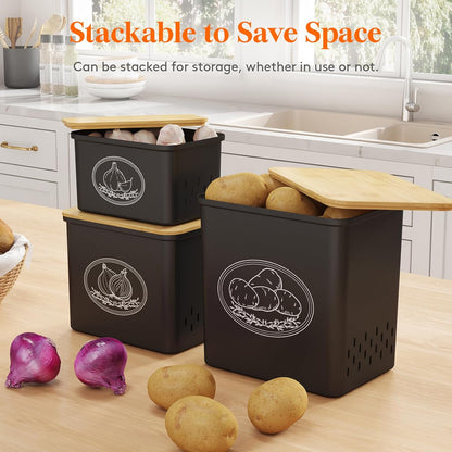 Plastic Potato and Onion Storage Bin, Stackable Garlic Keeper with Aerating Holes and Lid, Vegetable Container Box for Pantry Countertop, White, 24 x 18 x 24 cm/9.5 x 7 x 9.5 inch, Set of 3
