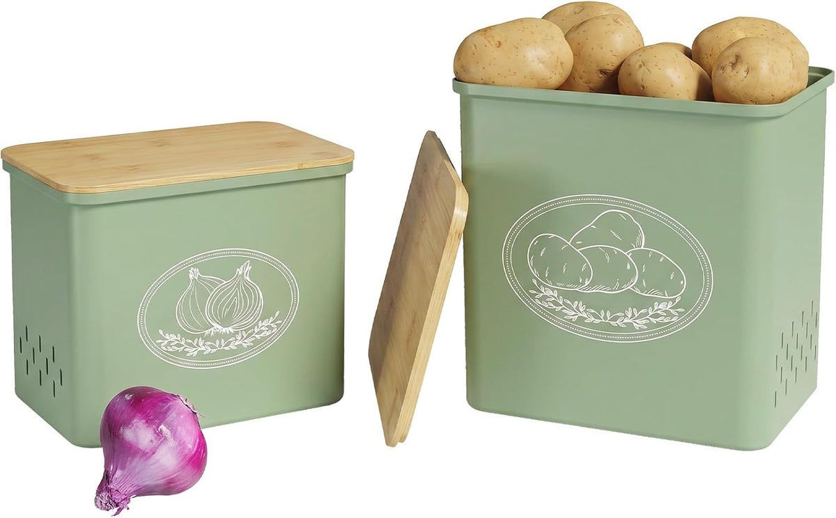 Plastic Potato and Onion Storage Bin, Stackable Garlic Keeper with Aerating Holes and Lid, Vegetable Container Box for Pantry Countertop, White, 24 x 18 x 24 cm/9.5 x 7 x 9.5 inch, Set of 3