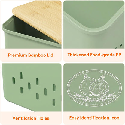 Plastic Potato and Onion Storage Bin, Stackable Garlic Keeper with Aerating Holes and Lid, Vegetable Container Box for Pantry Countertop, White, 24 x 18 x 24 cm/9.5 x 7 x 9.5 inch, Set of 3