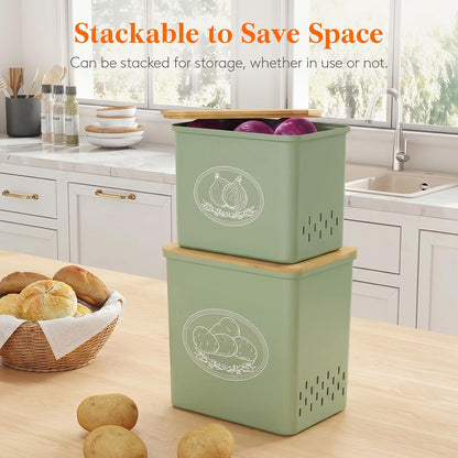 Plastic Potato and Onion Storage Bin, Stackable Garlic Keeper with Aerating Holes and Lid, Vegetable Container Box for Pantry Countertop, White, 24 x 18 x 24 cm/9.5 x 7 x 9.5 inch, Set of 3