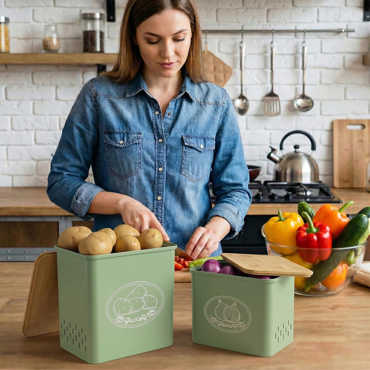Plastic Potato and Onion Storage Bin, Stackable Garlic Keeper with Aerating Holes and Lid, Vegetable Container Box for Pantry Countertop, White, 24 x 18 x 24 cm/9.5 x 7 x 9.5 inch, Set of 3