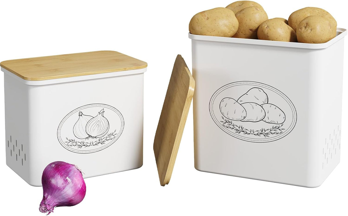 Plastic Potato and Onion Storage Bin, Stackable Garlic Keeper with Aerating Holes and Lid, Vegetable Container Box for Pantry Countertop, White, 24 x 18 x 24 cm/9.5 x 7 x 9.5 inch, Set of 3