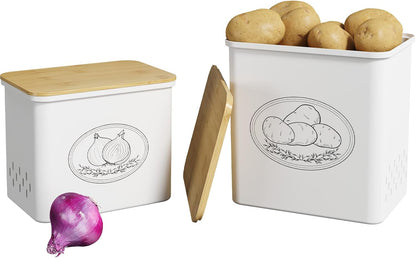 Plastic Potato and Onion Storage Bin, Stackable Garlic Keeper with Aerating Holes and Lid, Vegetable Container Box for Pantry Countertop, White, 24 x 18 x 24 cm/9.5 x 7 x 9.5 inch, Set of 3
