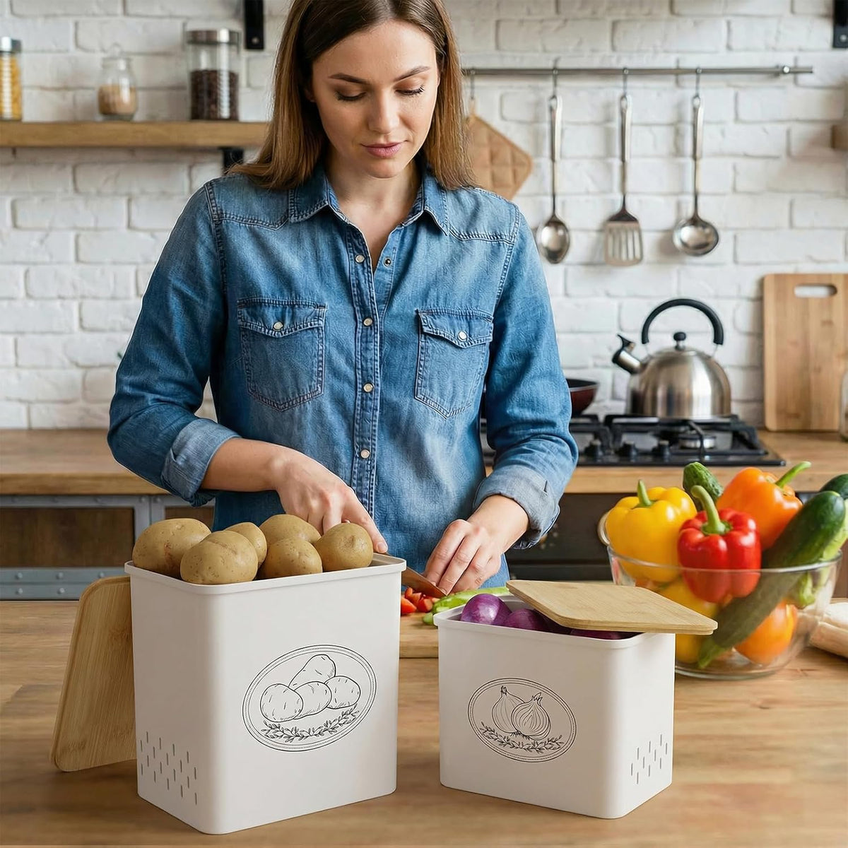 Plastic Potato and Onion Storage Bin, Stackable Garlic Keeper with Aerating Holes and Lid, Vegetable Container Box for Pantry Countertop, White, 24 x 18 x 24 cm/9.5 x 7 x 9.5 inch, Set of 3