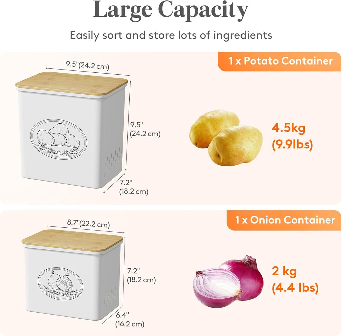 Plastic Potato and Onion Storage Bin, Stackable Garlic Keeper with Aerating Holes and Lid, Vegetable Container Box for Pantry Countertop, White, 24 x 18 x 24 cm/9.5 x 7 x 9.5 inch, Set of 3