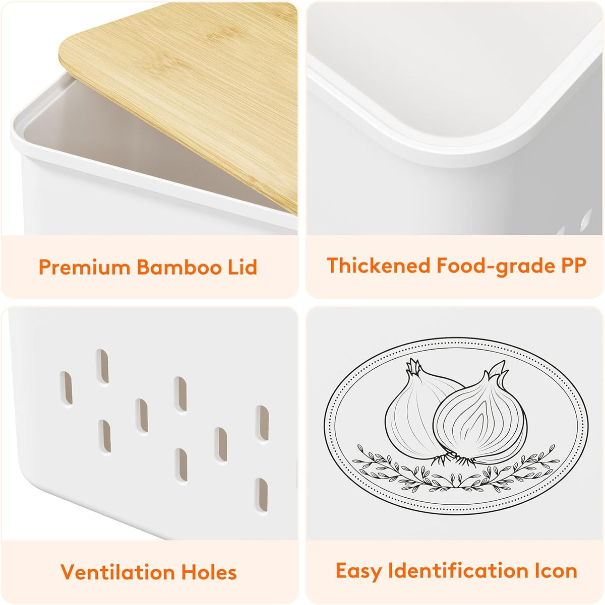 Plastic Potato and Onion Storage Bin, Stackable Garlic Keeper with Aerating Holes and Lid, Vegetable Container Box for Pantry Countertop, White, 24 x 18 x 24 cm/9.5 x 7 x 9.5 inch, Set of 3