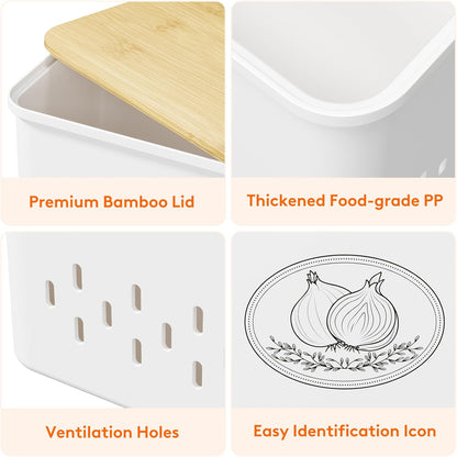 Plastic Potato and Onion Storage Bin, Stackable Garlic Keeper with Aerating Holes and Lid, Vegetable Container Box for Pantry Countertop, White, 24 x 18 x 24 cm/9.5 x 7 x 9.5 inch, Set of 3