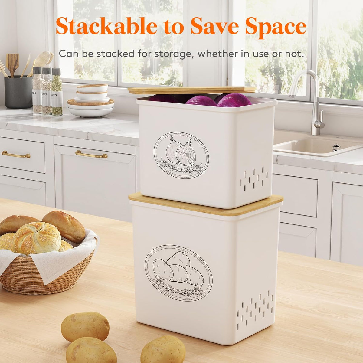 Plastic Potato and Onion Storage Bin, Stackable Garlic Keeper with Aerating Holes and Lid, Vegetable Container Box for Pantry Countertop, White, 24 x 18 x 24 cm/9.5 x 7 x 9.5 inch, Set of 3