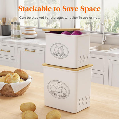 Plastic Potato and Onion Storage Bin, Stackable Garlic Keeper with Aerating Holes and Lid, Vegetable Container Box for Pantry Countertop, White, 24 x 18 x 24 cm/9.5 x 7 x 9.5 inch, Set of 3