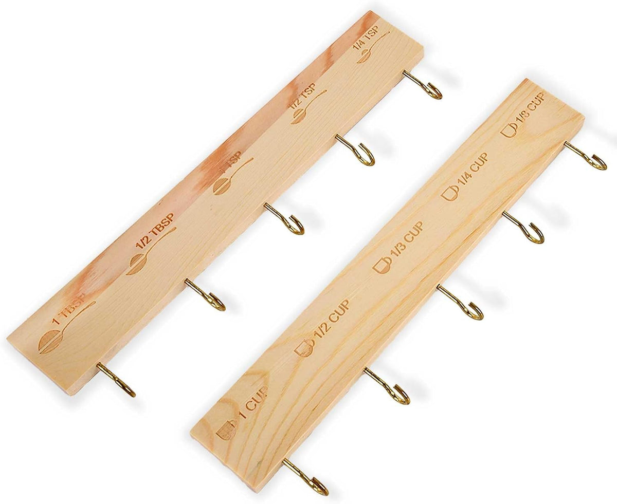 Premium Bamboo Measuring Cups and Spoons Rack, Measuring Cup Organizer Rack Suitable for Kitchen Hanging Cups and Spoons, Including Screw and Adhesive Mounting（2 pcs）