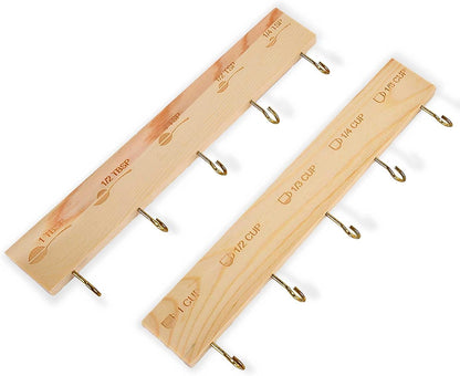 Premium Bamboo Measuring Cups and Spoons Rack, Measuring Cup Organizer Rack Suitable for Kitchen Hanging Cups and Spoons, Including Screw and Adhesive Mounting（2 pcs）