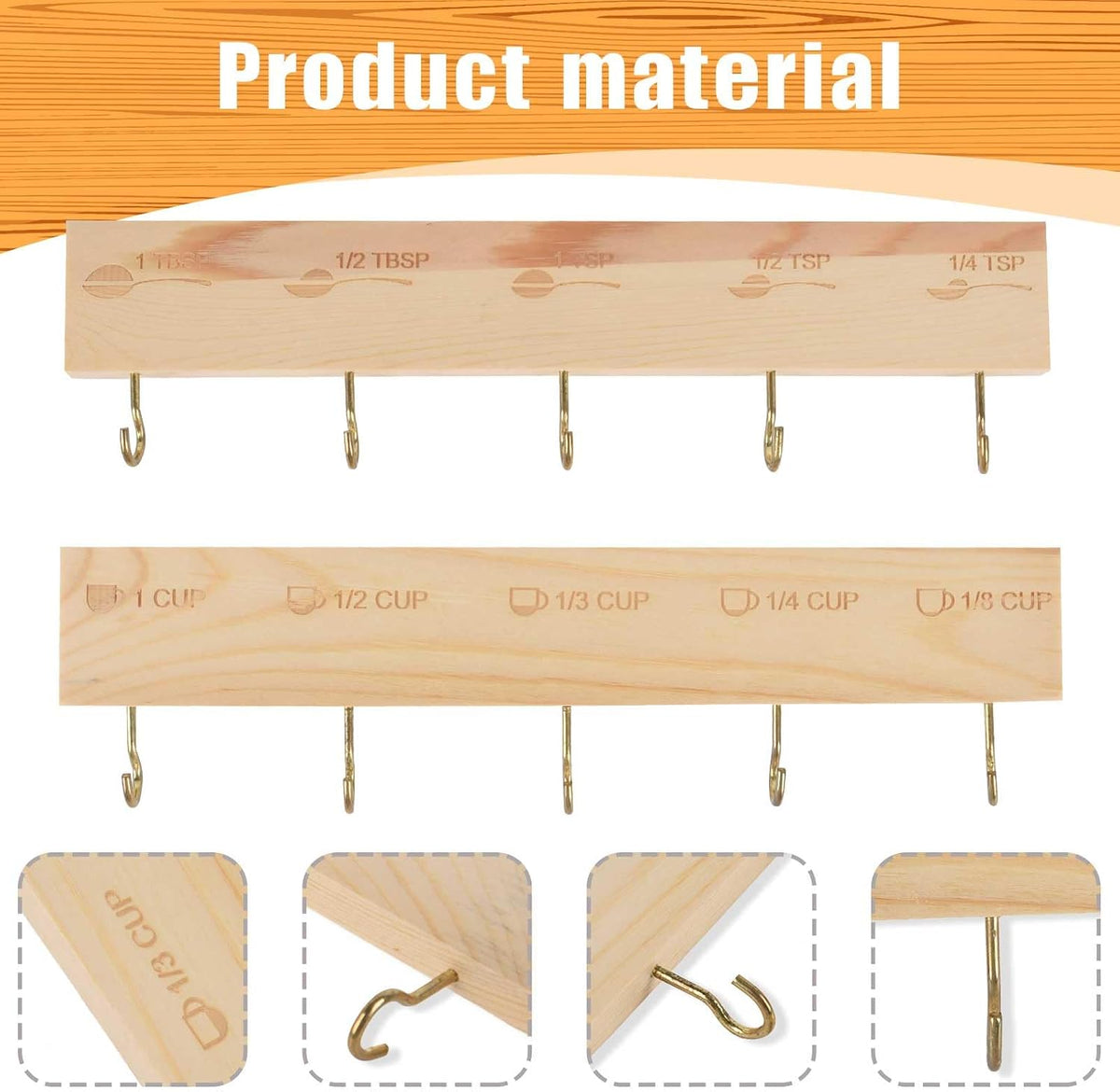 Premium Bamboo Measuring Cups and Spoons Rack, Measuring Cup Organizer Rack Suitable for Kitchen Hanging Cups and Spoons, Including Screw and Adhesive Mounting（2 pcs）