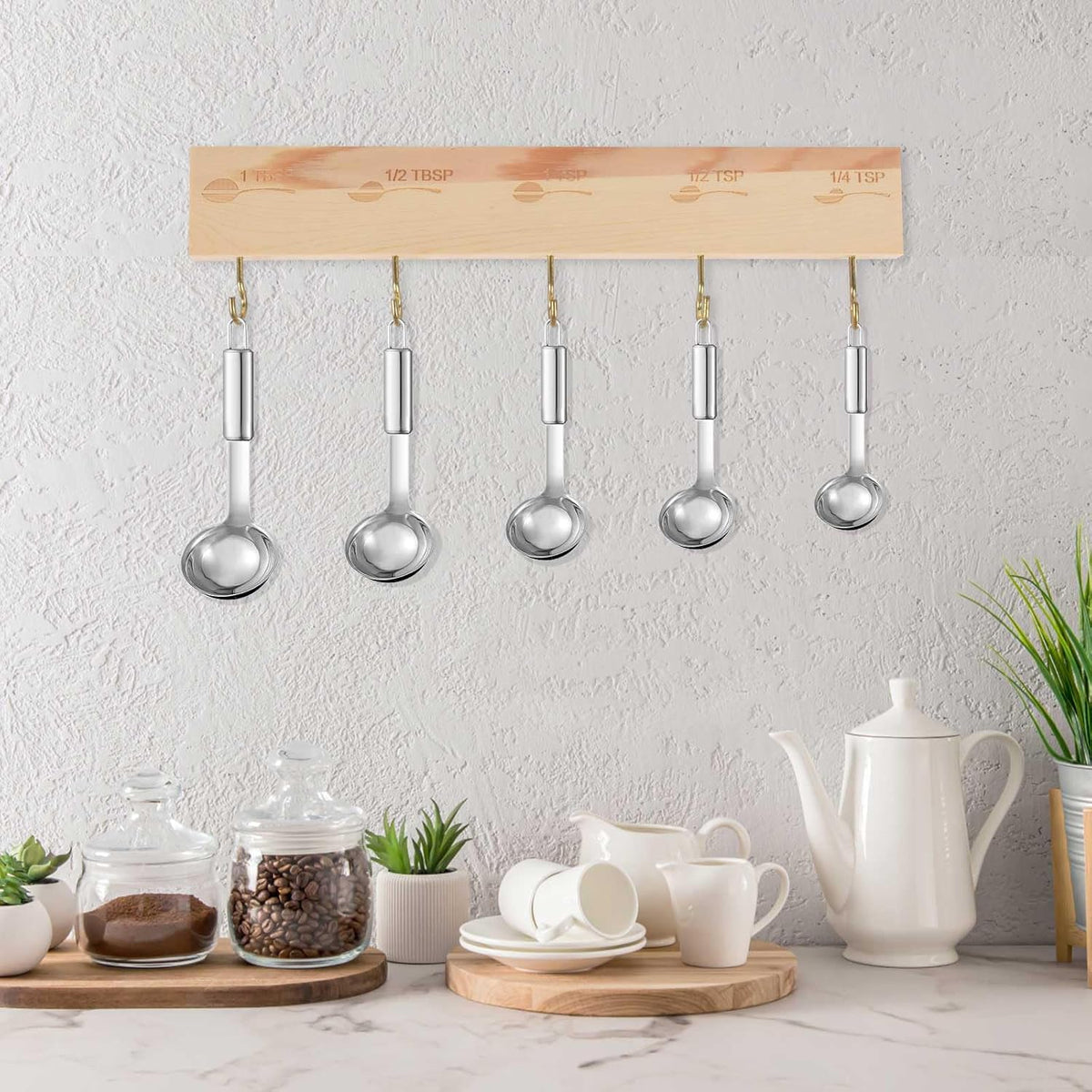 Premium Bamboo Measuring Cups and Spoons Rack, Measuring Cup Organizer Rack Suitable for Kitchen Hanging Cups and Spoons, Including Screw and Adhesive Mounting（2 pcs）