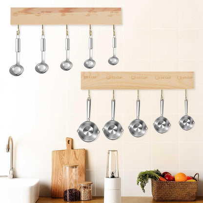 Premium Bamboo Measuring Cups and Spoons Rack, Measuring Cup Organizer Rack Suitable for Kitchen Hanging Cups and Spoons, Including Screw and Adhesive Mounting（2 pcs）