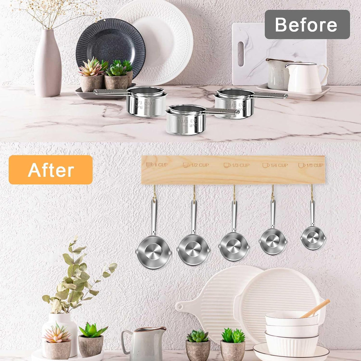 Premium Bamboo Measuring Cups and Spoons Rack, Measuring Cup Organizer Rack Suitable for Kitchen Hanging Cups and Spoons, Including Screw and Adhesive Mounting（2 pcs）