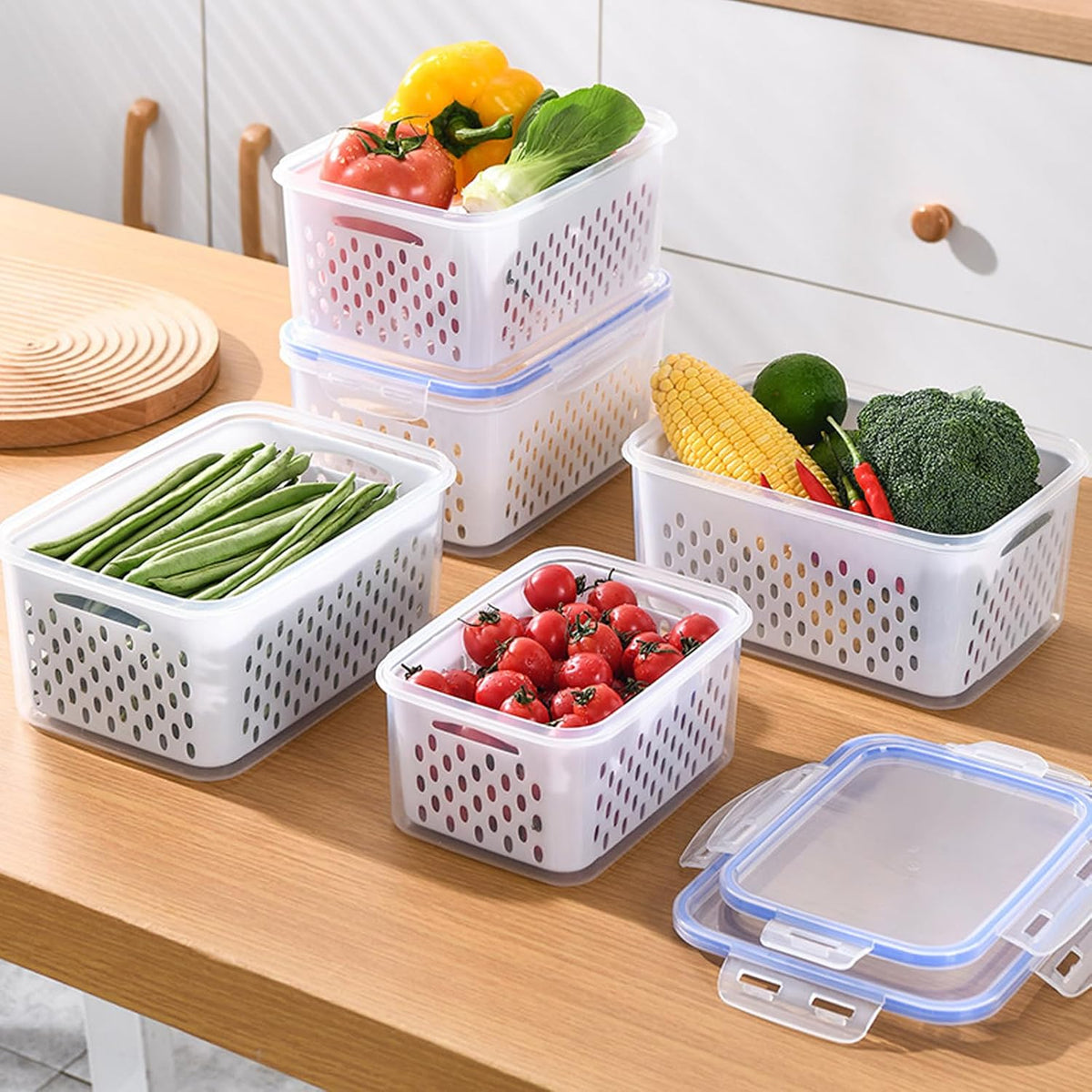 5 Pack Fruit Storage Containers for Fridge Berry Containers for Fridge | Produce Containers with Removable Colander Berry Storage Containers Veggie BPA-Free Plastic Crisper for Long-Term Freshness