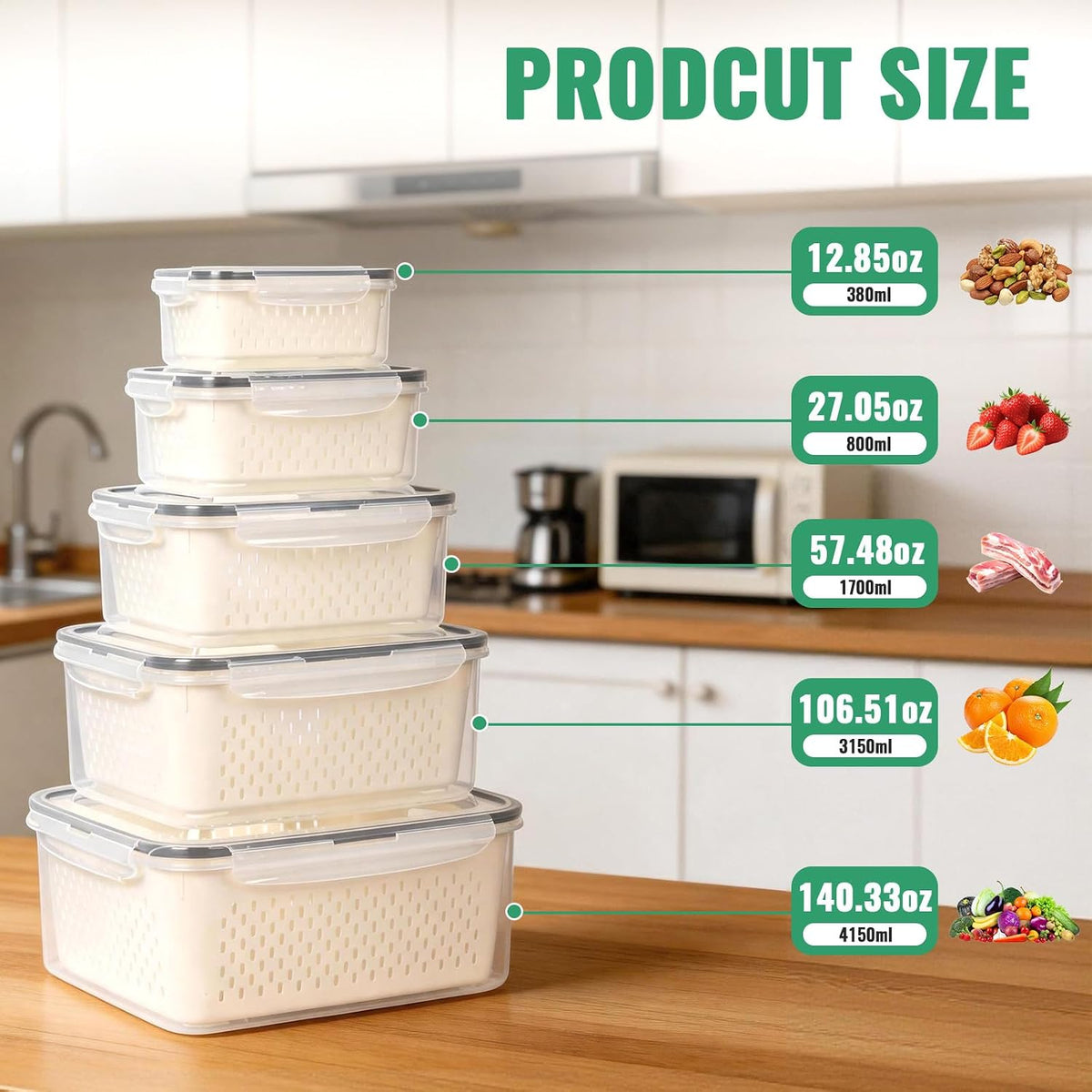 5 Pack Fruit Storage Containers for Fridge Berry Containers for Fridge | Produce Containers with Removable Colander Berry Storage Containers Veggie BPA-Free Plastic Crisper for Long-Term Freshness