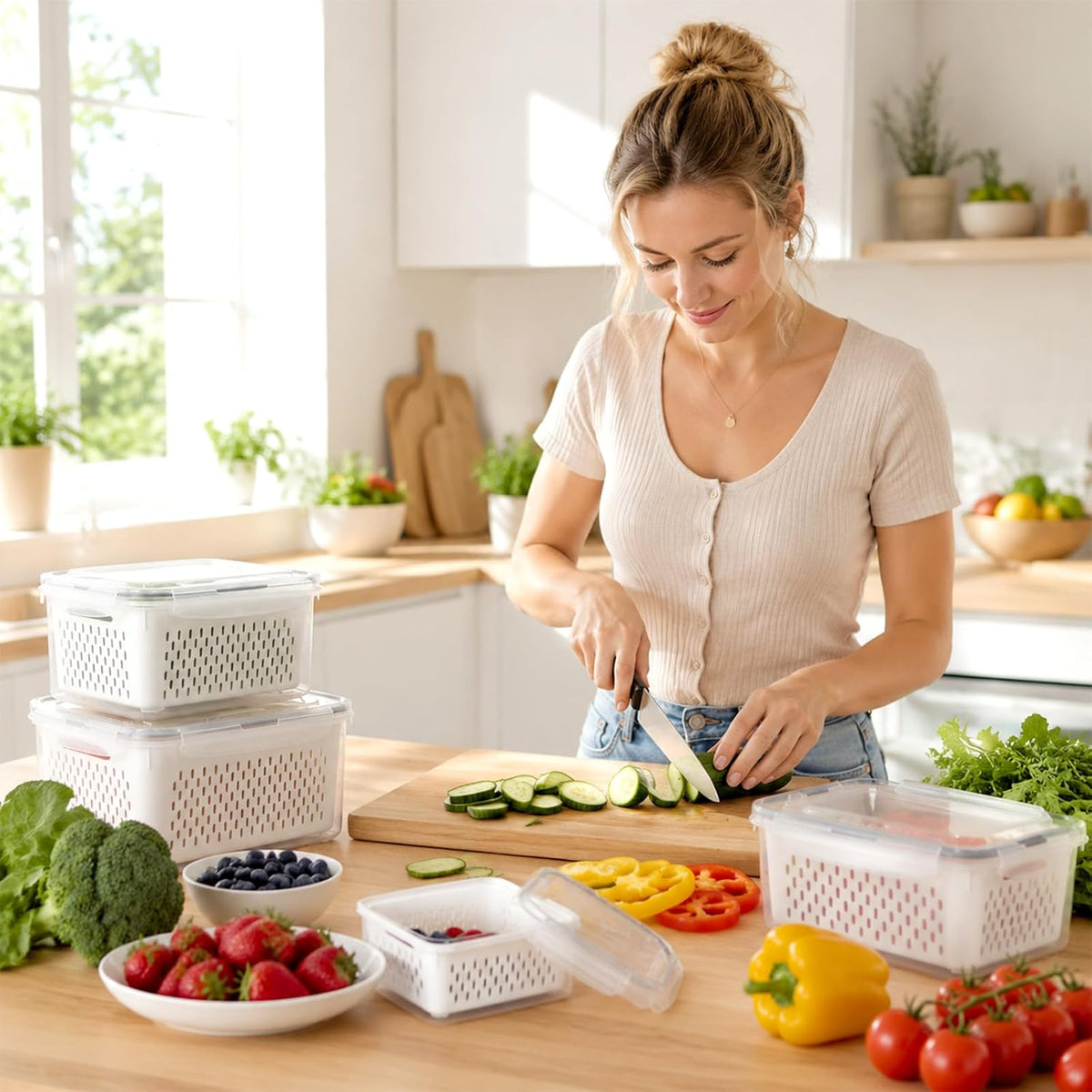 5 Pack Fruit Storage Containers for Fridge Berry Containers for Fridge | Produce Containers with Removable Colander Berry Storage Containers Veggie BPA-Free Plastic Crisper for Long-Term Freshness