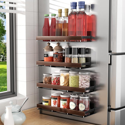 Walnut Magnetic Spice organizer for Refrigerator Wall Mount Spice Rack Magnetic Fridge Shelf Spice Jar Seasoning Organizer (Walnut 2 Pack)