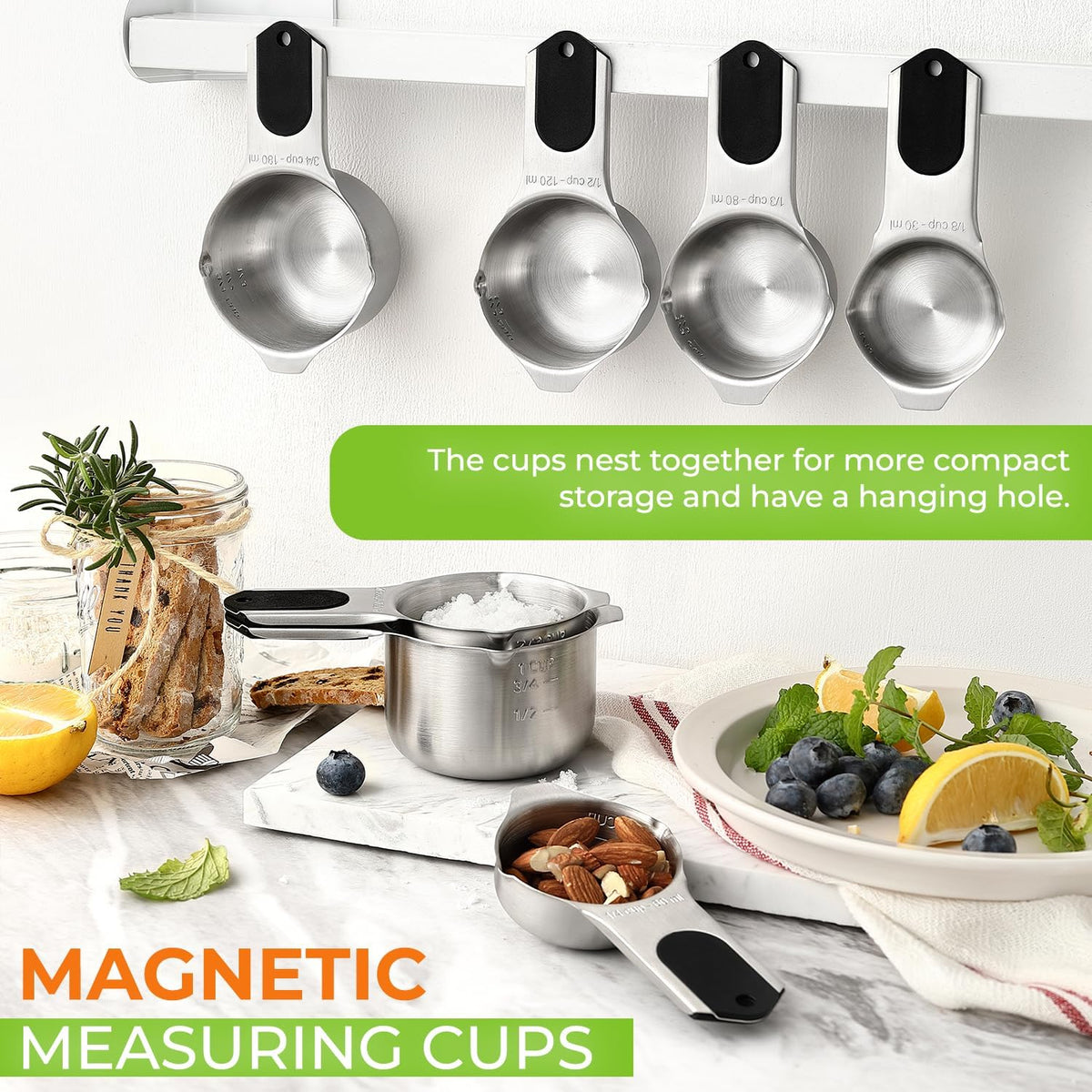 Magnetic Stainless Steel Measuring Cups Set of 7 Patented Black