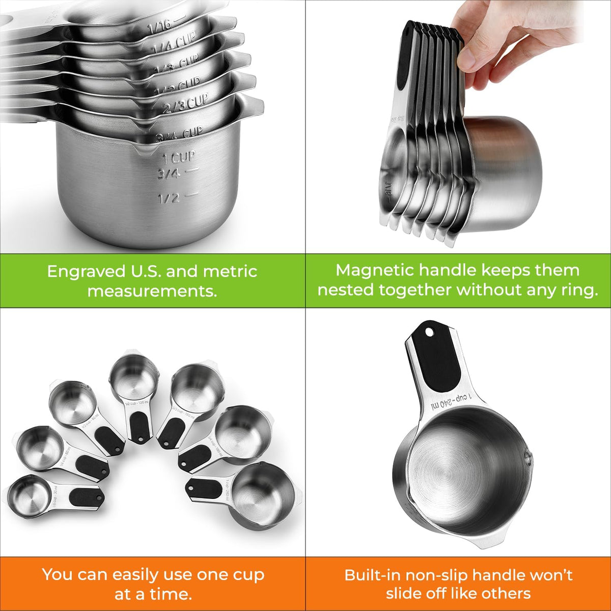 Magnetic Stainless Steel Measuring Cups Set of 7 Patented Black