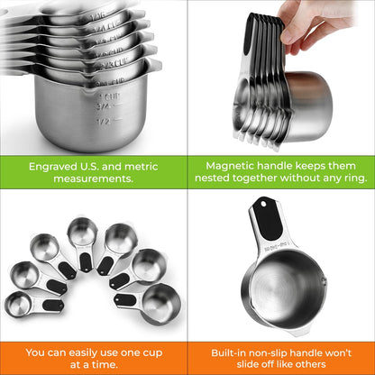 Magnetic Stainless Steel Measuring Cups Set of 7 Patented Black
