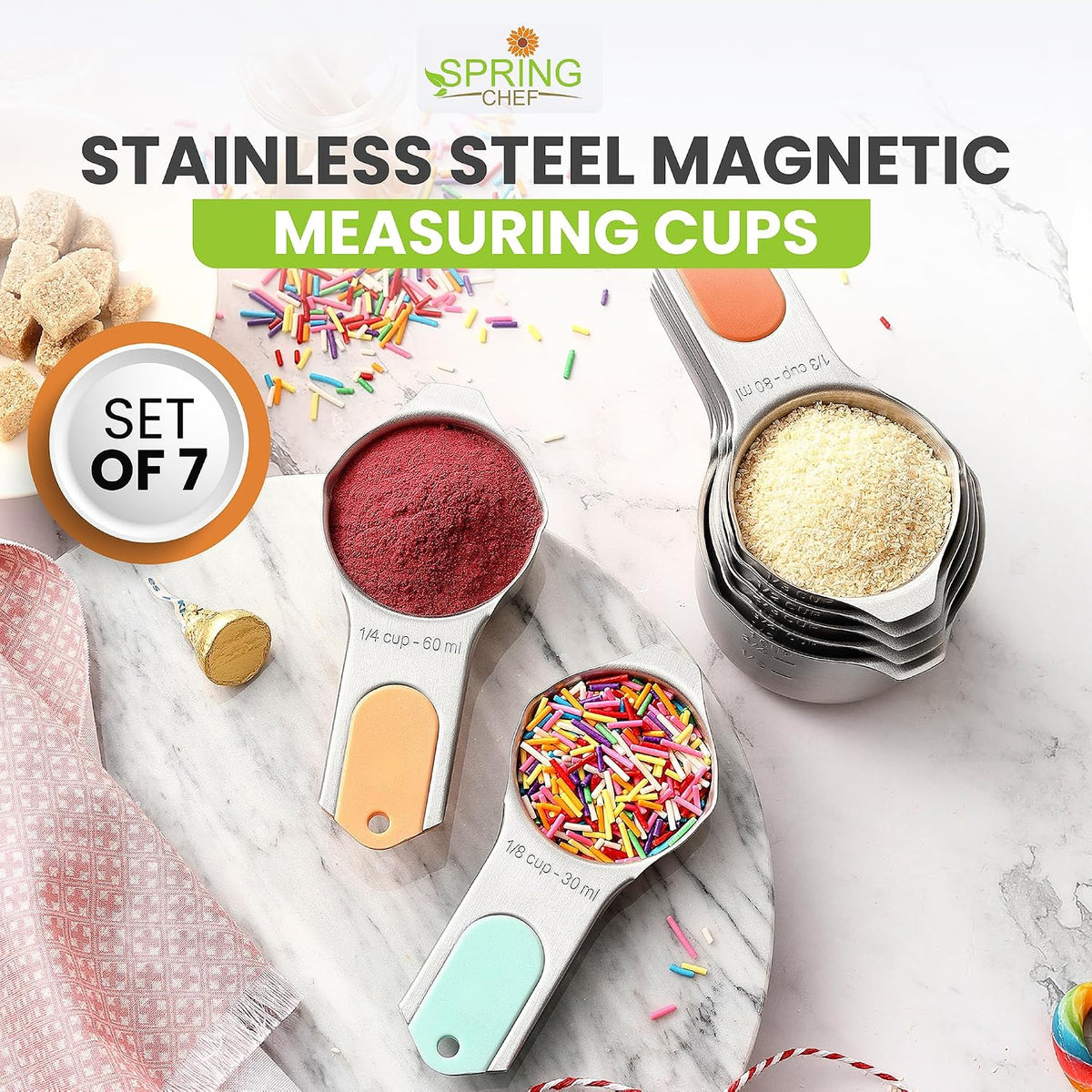 Magnetic Stainless Steel Measuring Cups Set of 7 Patented Black