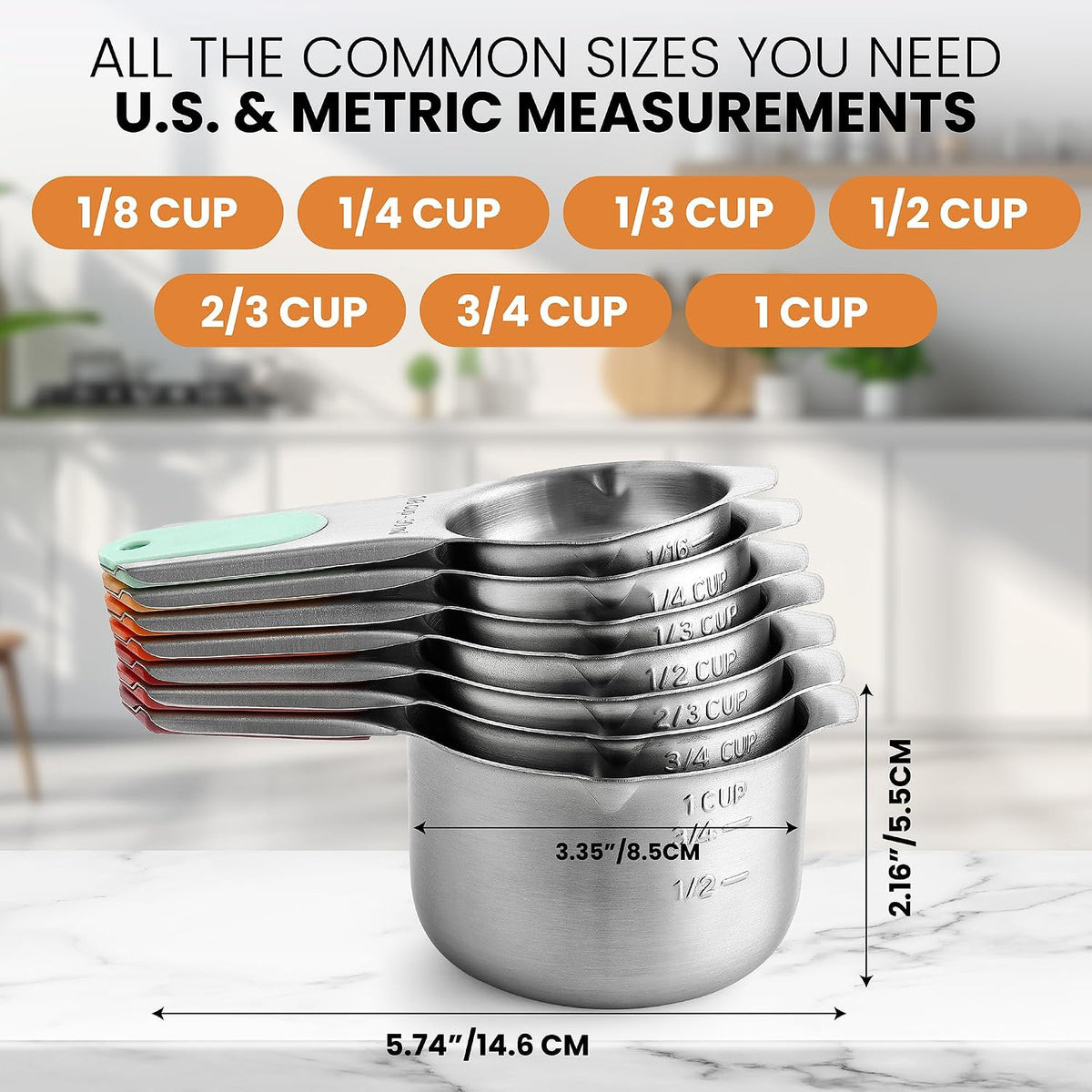 Magnetic Stainless Steel Measuring Cups Set of 7 Patented Black