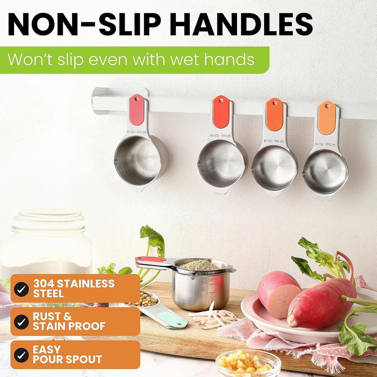 Magnetic Stainless Steel Measuring Cups Set of 7 Patented Black