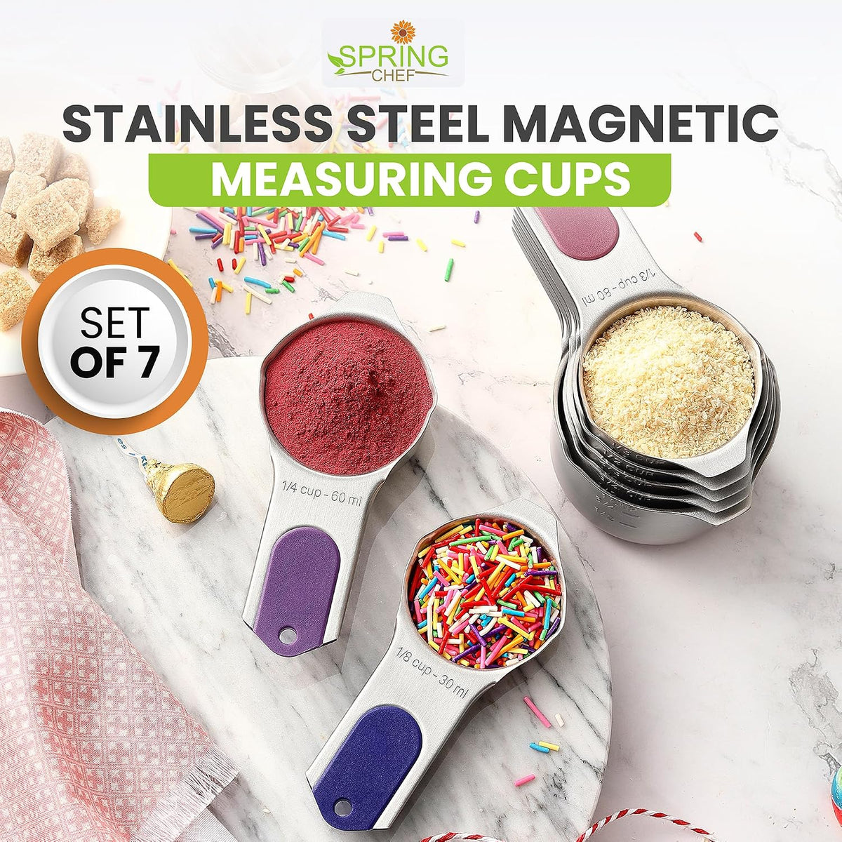 Magnetic Stainless Steel Measuring Cups Set of 7 Patented Black