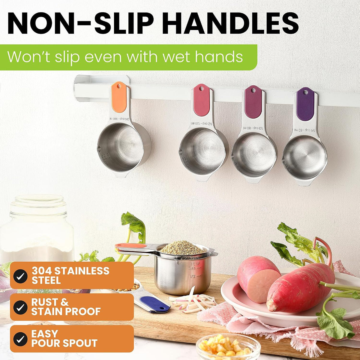 Magnetic Stainless Steel Measuring Cups Set of 7 Patented Black
