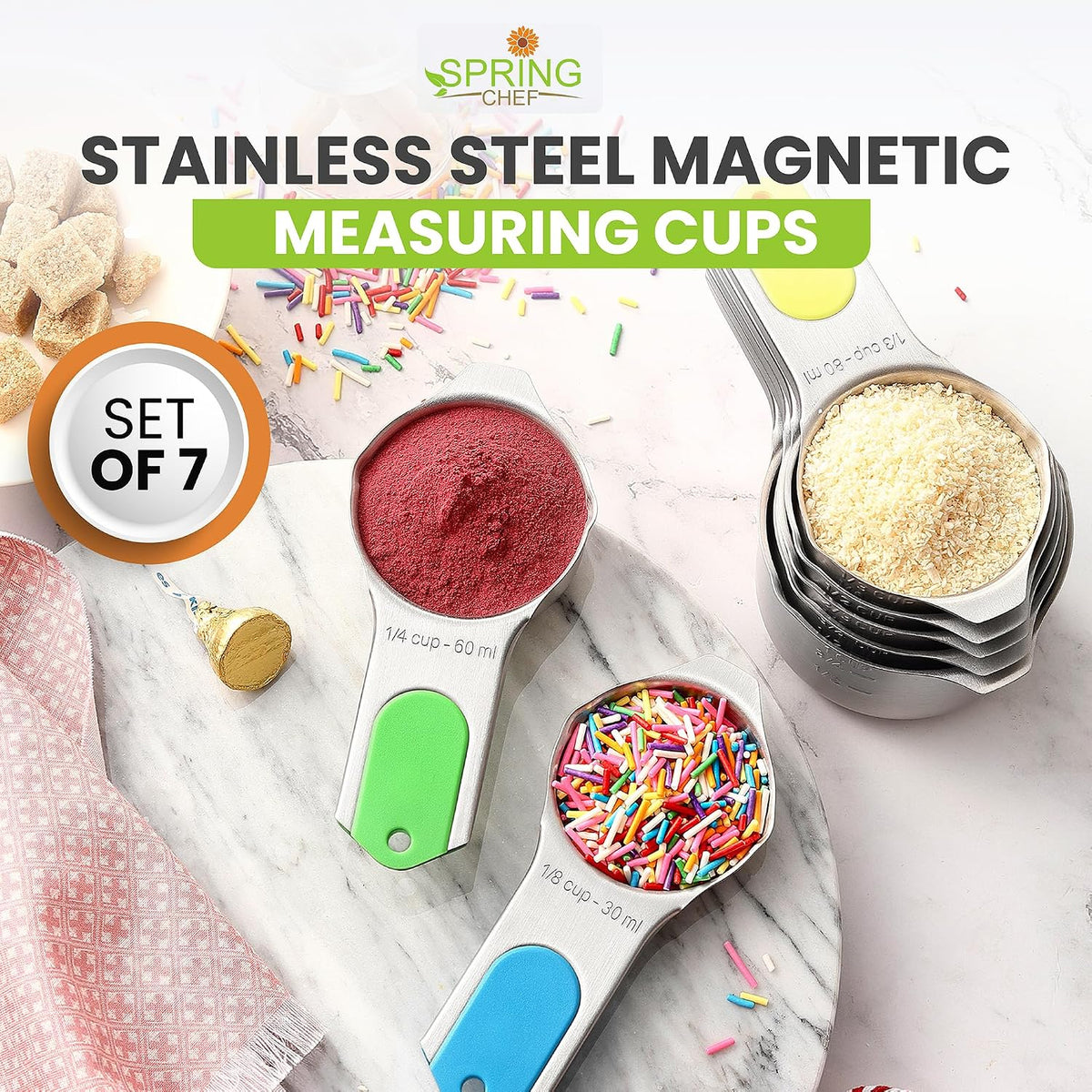 Magnetic Stainless Steel Measuring Cups Set of 7 Patented Black