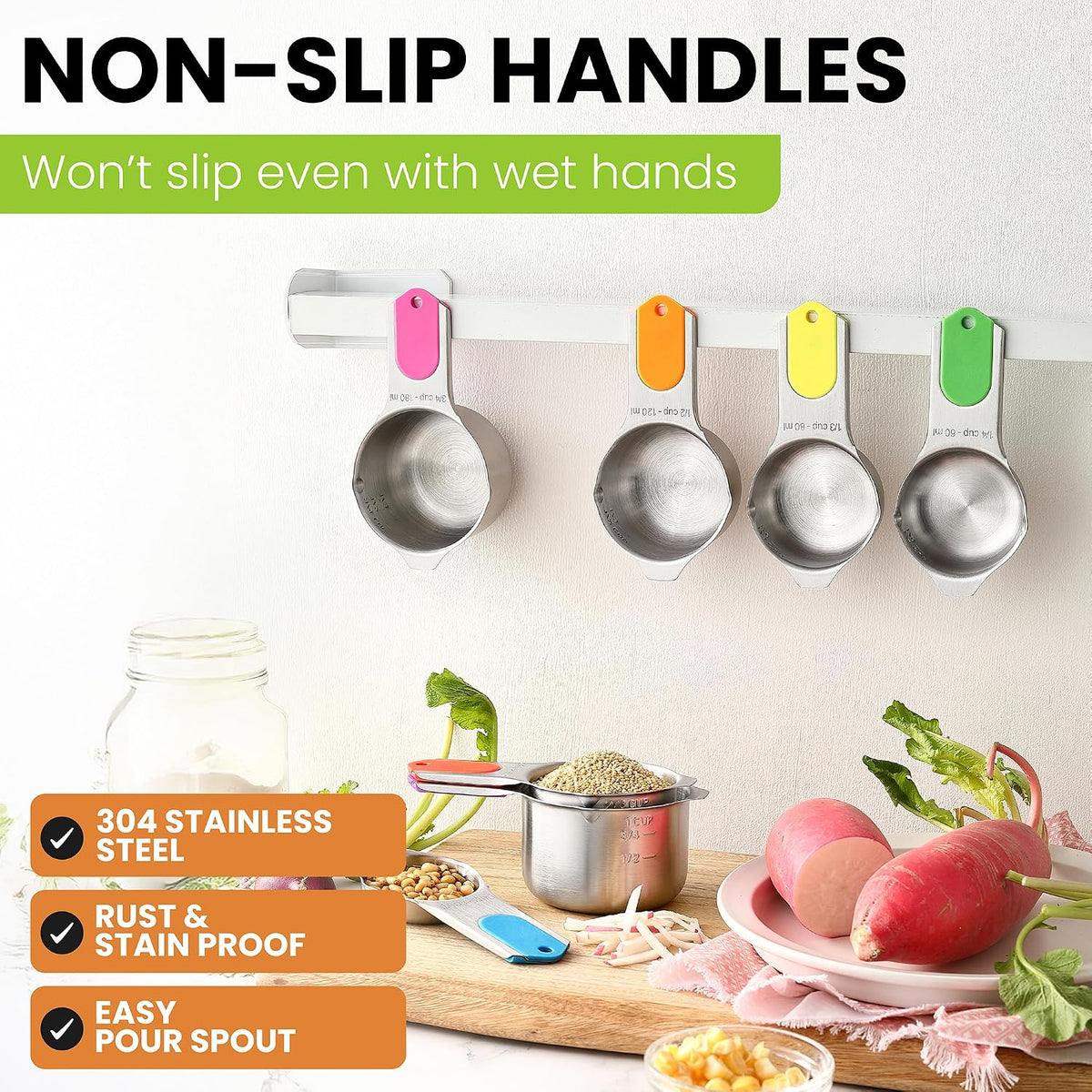 Magnetic Stainless Steel Measuring Cups Set of 7 Patented Black