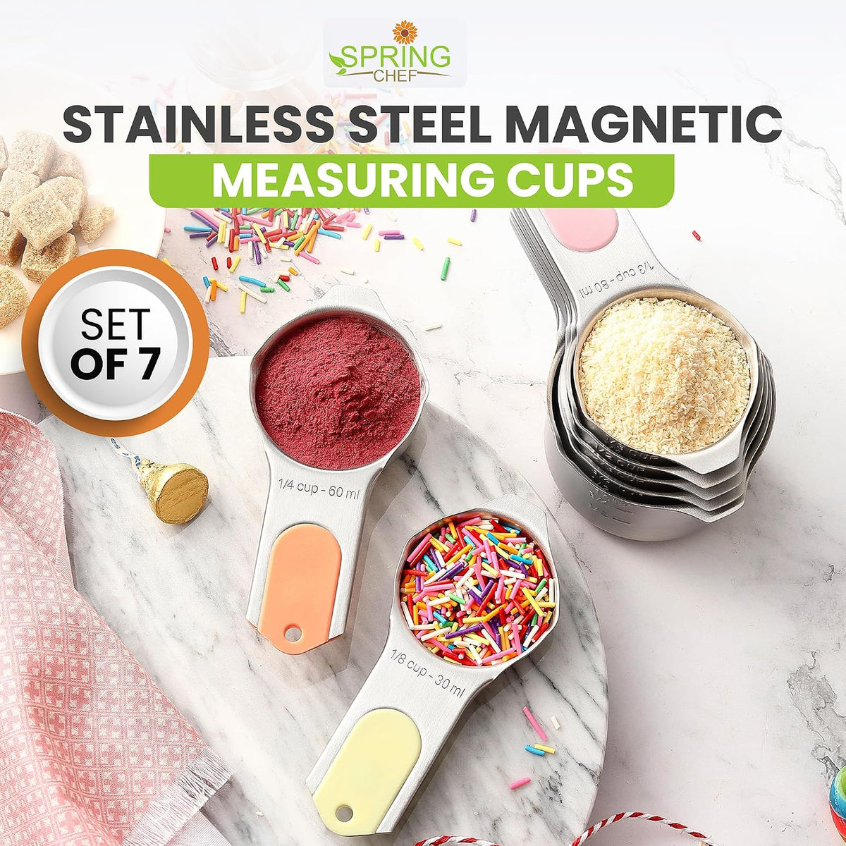 Magnetic Stainless Steel Measuring Cups Set of 7 Patented Black