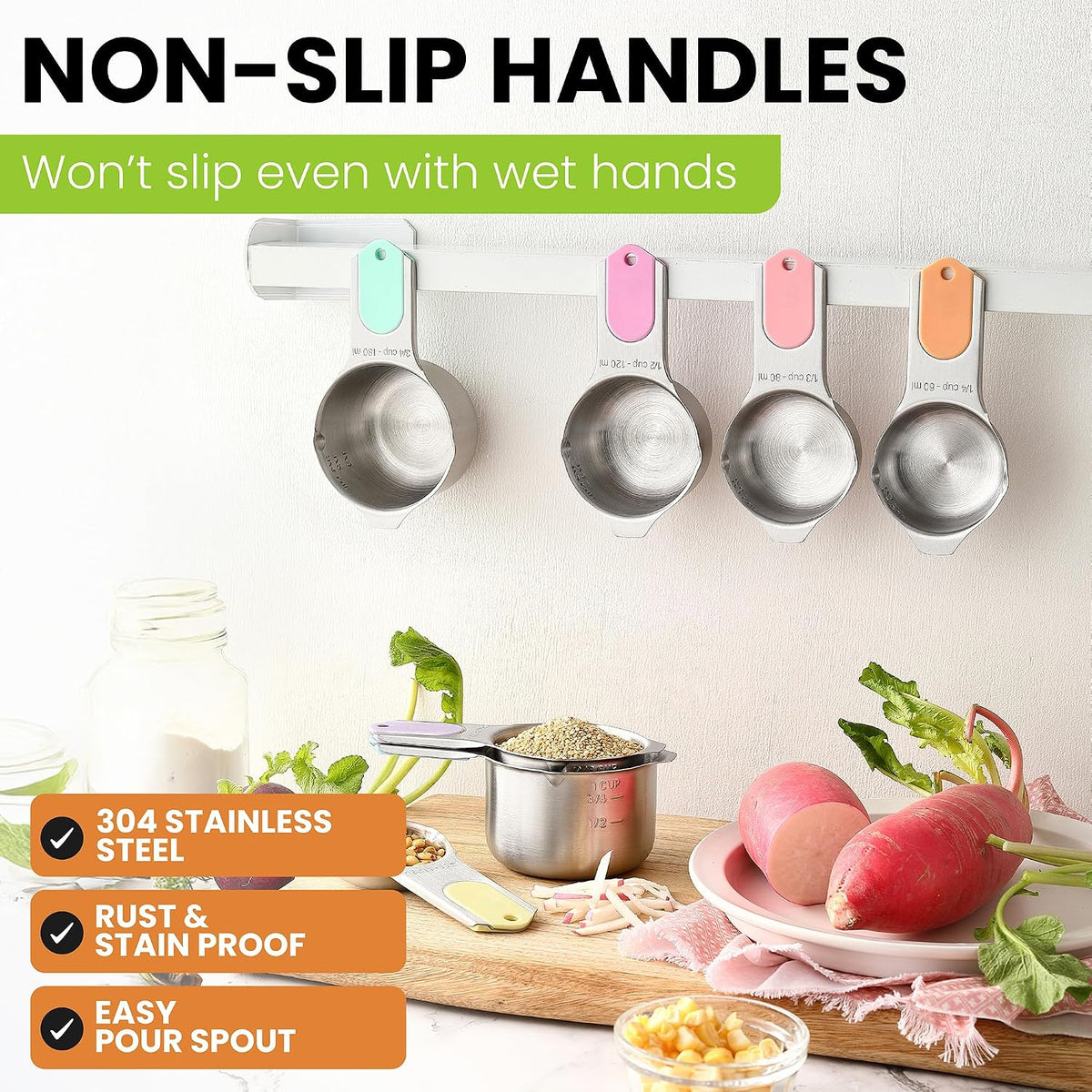 Magnetic Stainless Steel Measuring Cups Set of 7 Patented Black