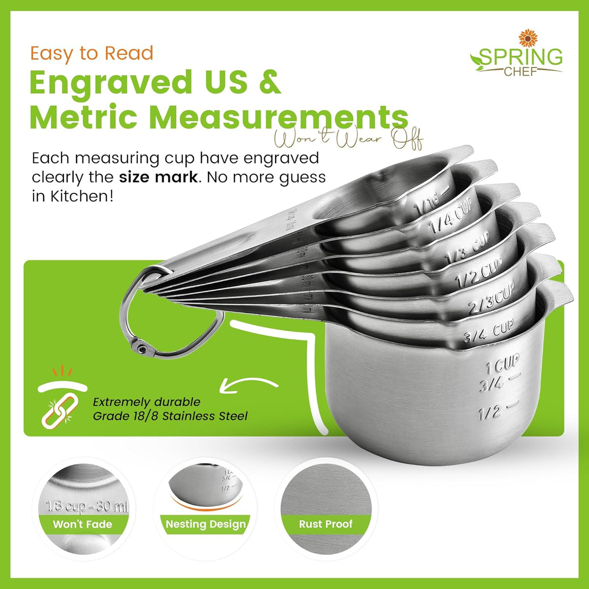 Magnetic Stainless Steel Measuring Cups Set of 7 Patented Black