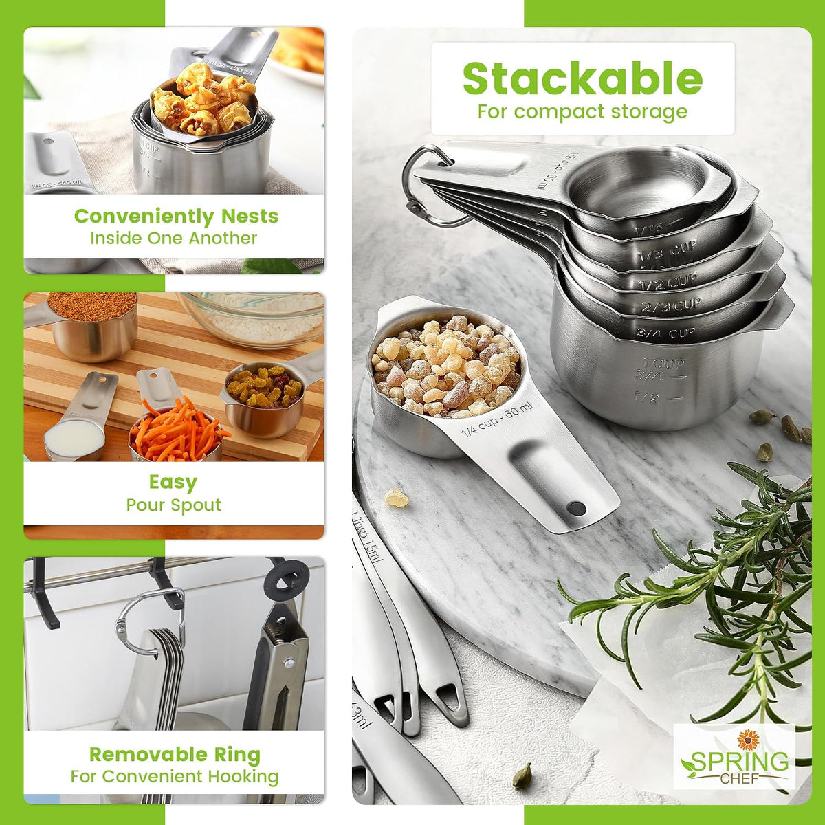 Magnetic Stainless Steel Measuring Cups Set of 7 Patented Black