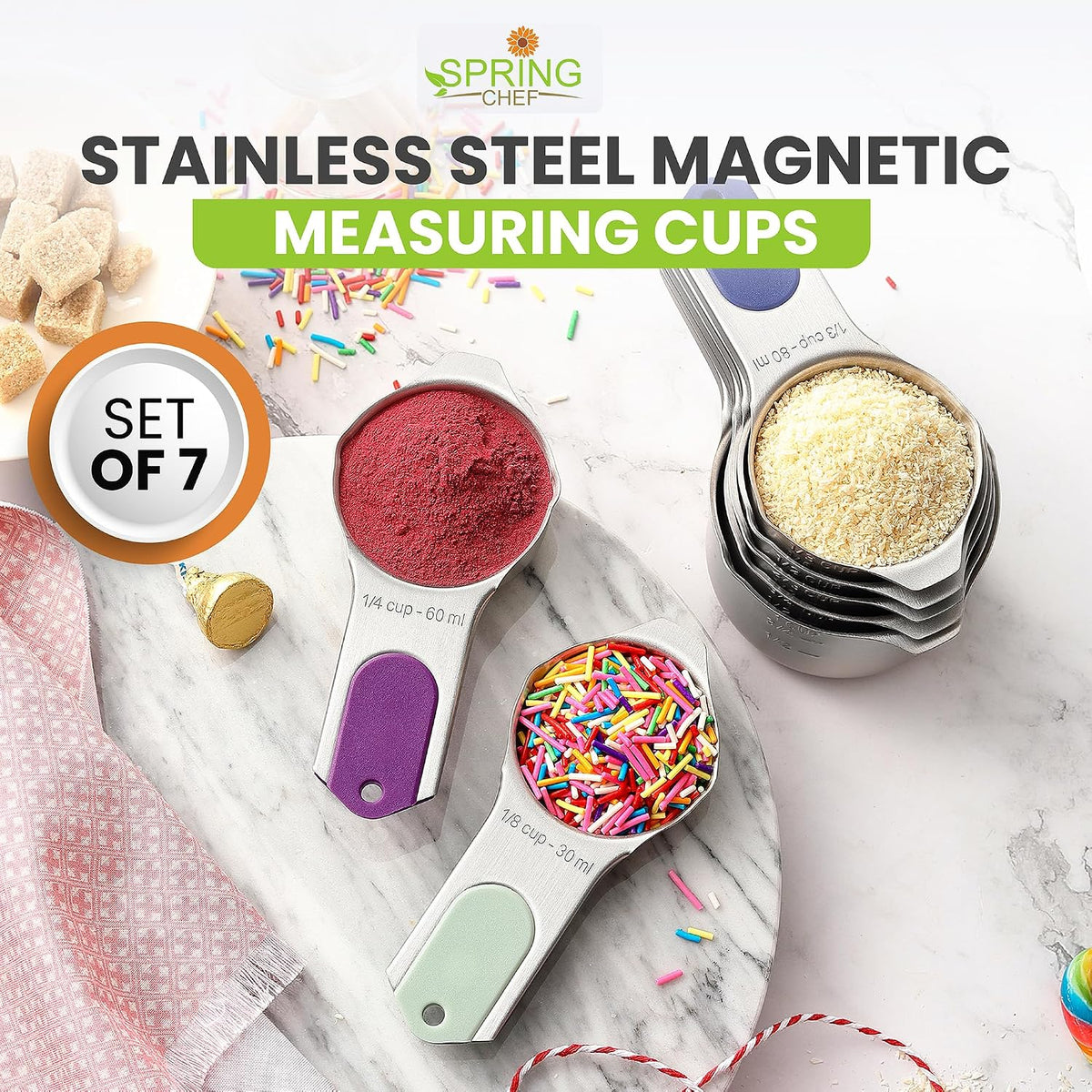 Magnetic Stainless Steel Measuring Cups Set of 7 Patented Black