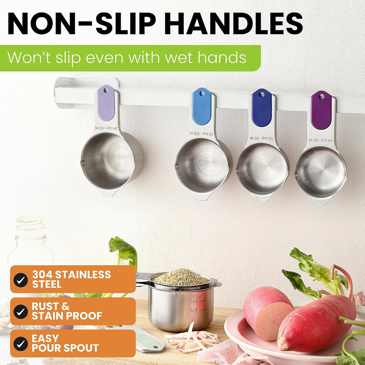 Magnetic Stainless Steel Measuring Cups Set of 7 Patented Black