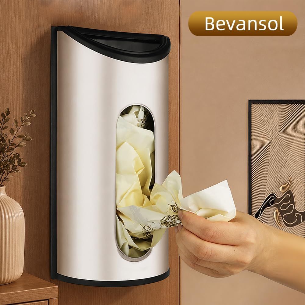 Grocery Plastic Bag Holder for Kitchen Trash Bag, Easy Wall Mount Bag Saver, Storage Dispenser Medium, Smudge Proof with Extra Wide Access Openings, Stainless Steel (Sliver)
