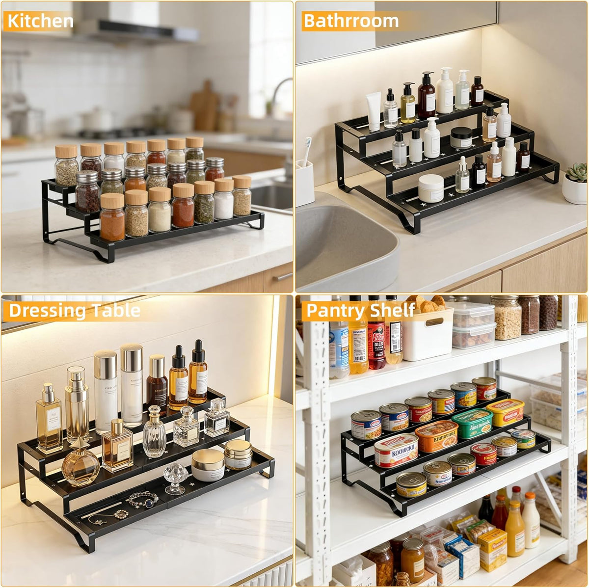 3-Tier Spice Rack Organizer, 13"-21.5" Expandable Spice Organization Shelf, Metal Seasoning Organizer for Kitchen Countertop or Pantry, Slip-Resistant Design for Jars and Bottles, Black